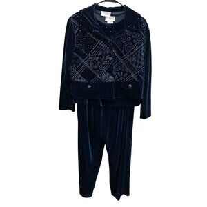 Vintage Nancy Bolen Womens Petites 3 Piece Velvet Pant Suit Embroidered Detail